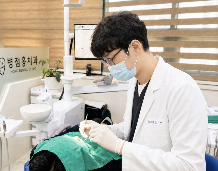 홍진무 대표원장이 환자를 진료하는 실제 사진
